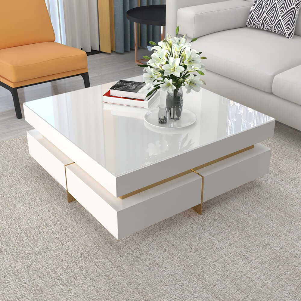 Modern Square Coffee Table With Glass Top And 4 Drawers