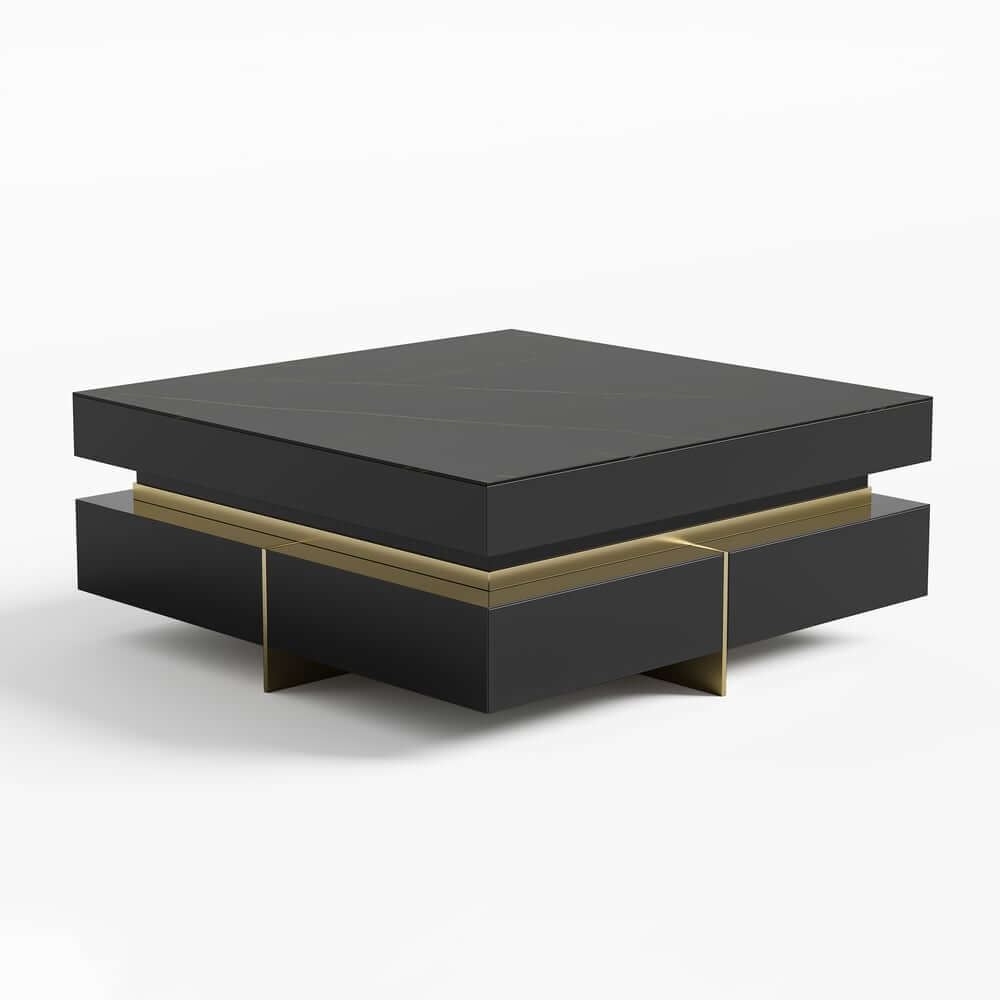 Modern Square Coffee Table With Glass Top And 4 Drawers