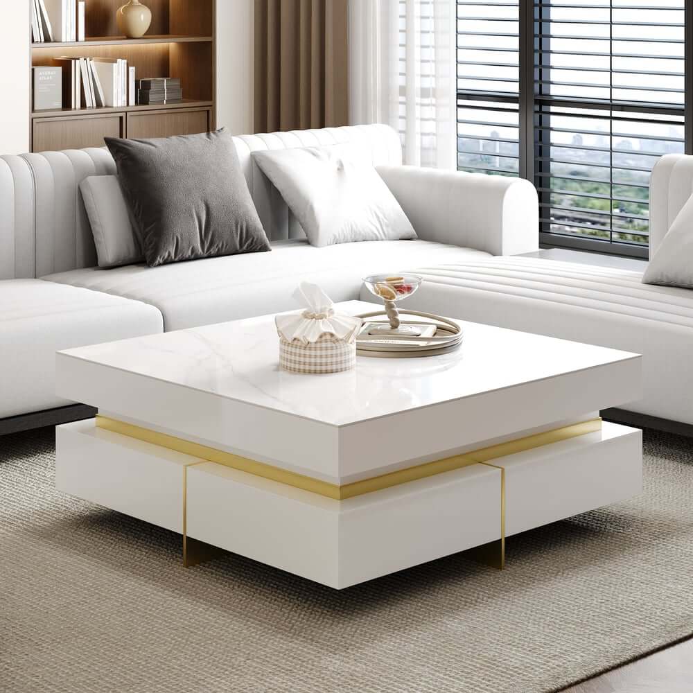 Modern Square Coffee Table With Glass Top And 4 Drawers