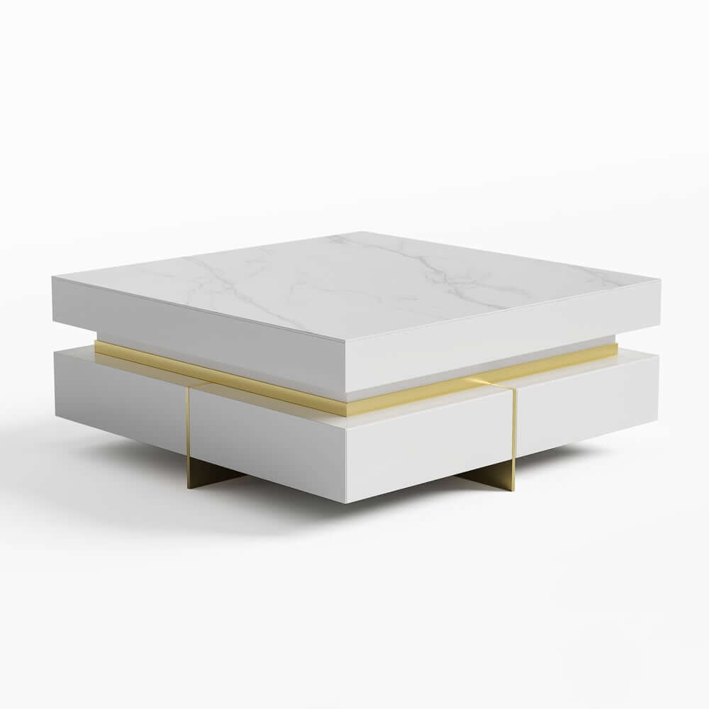 Modern Square Coffee Table With Glass Top And 4 Drawers
