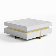 Modern Square Coffee Table With Glass Top And 4 Drawers