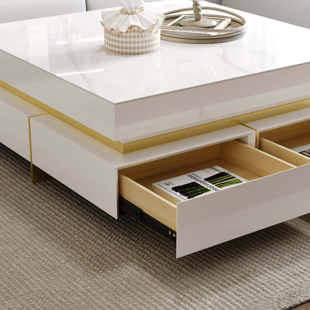 Modern Square Coffee Table With Glass Top And 4 Drawers