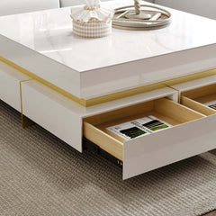 Modern Square Coffee Table With Glass Top And 4 Drawers