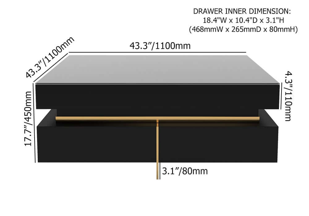 Modern Square Coffee Table With Glass Top And 4 Drawers Dimensions