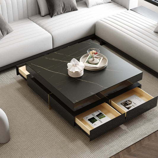 Modern Square Coffee Table With Glass Top And 4 Drawers Main Product Image