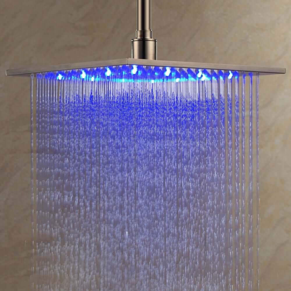 Modern Square LED Shower Head in Brushed Nickel with Rain Spray