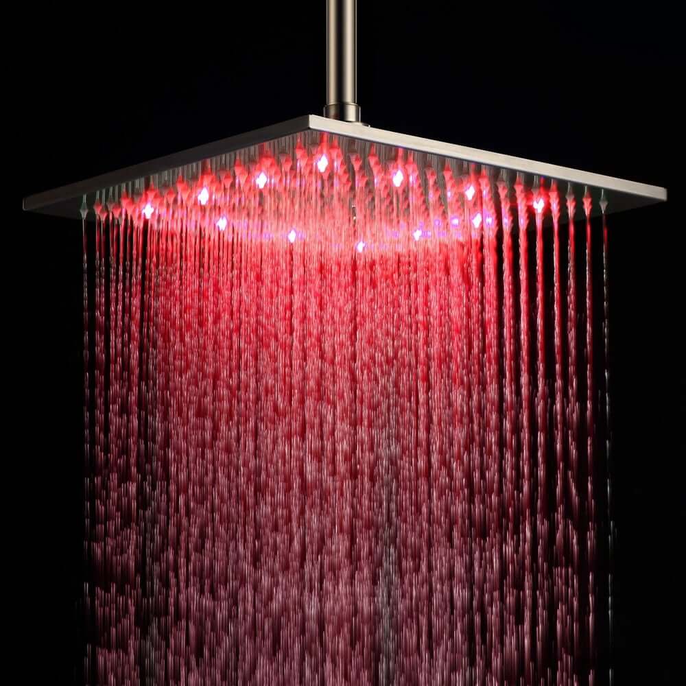 Modern Square LED Shower Head in Brushed Nickel with Rain Spray