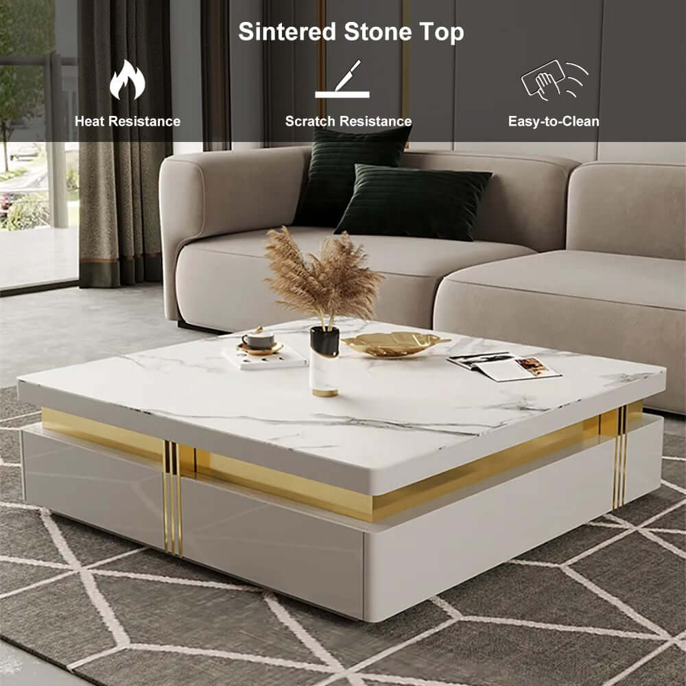 Modern Square Sintered Stone Coffee Table With Drawers