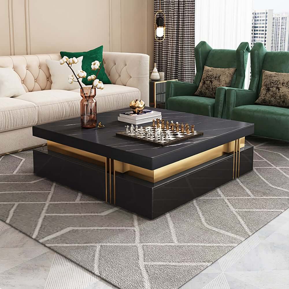Modern Square Sintered Stone Coffee Table With Drawers