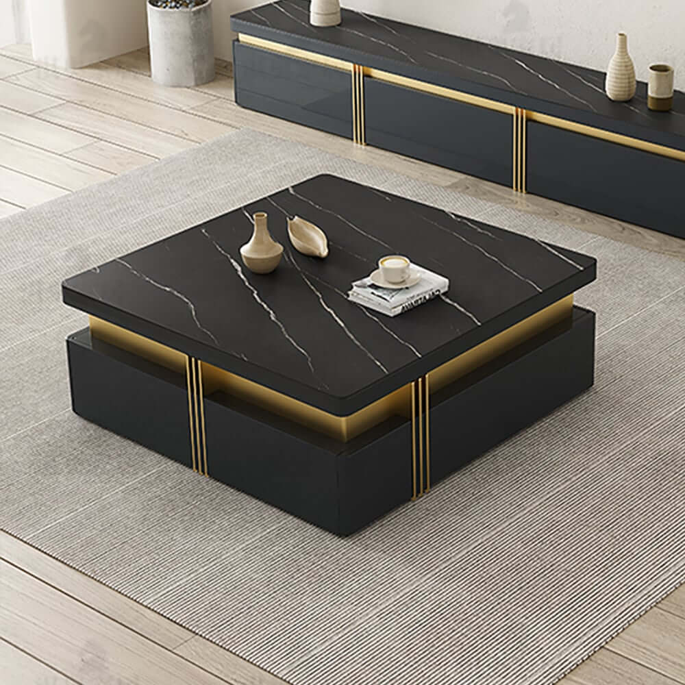Modern Square Sintered Stone Coffee Table With Drawers