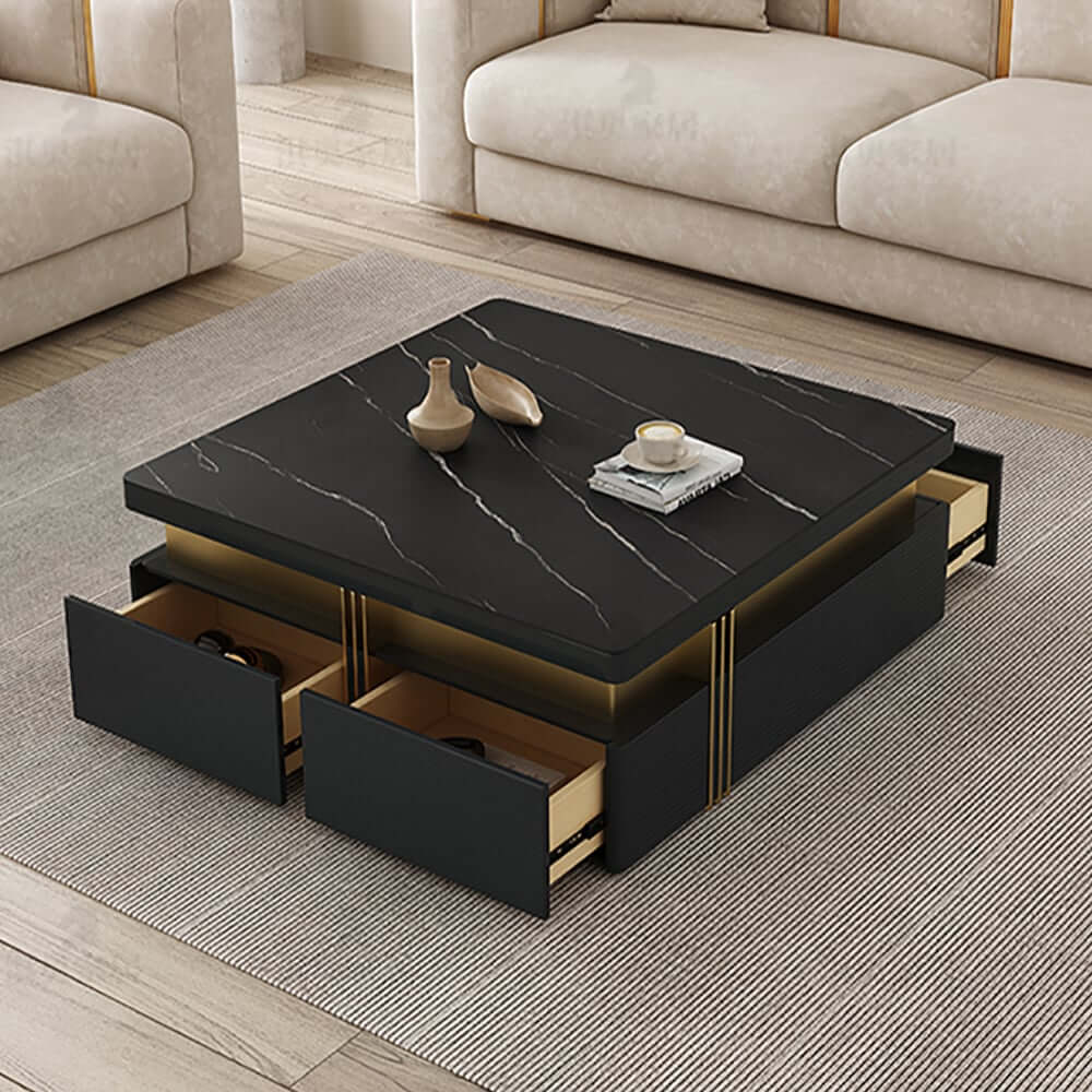 Modern Square Sintered Stone Coffee Table With Drawers