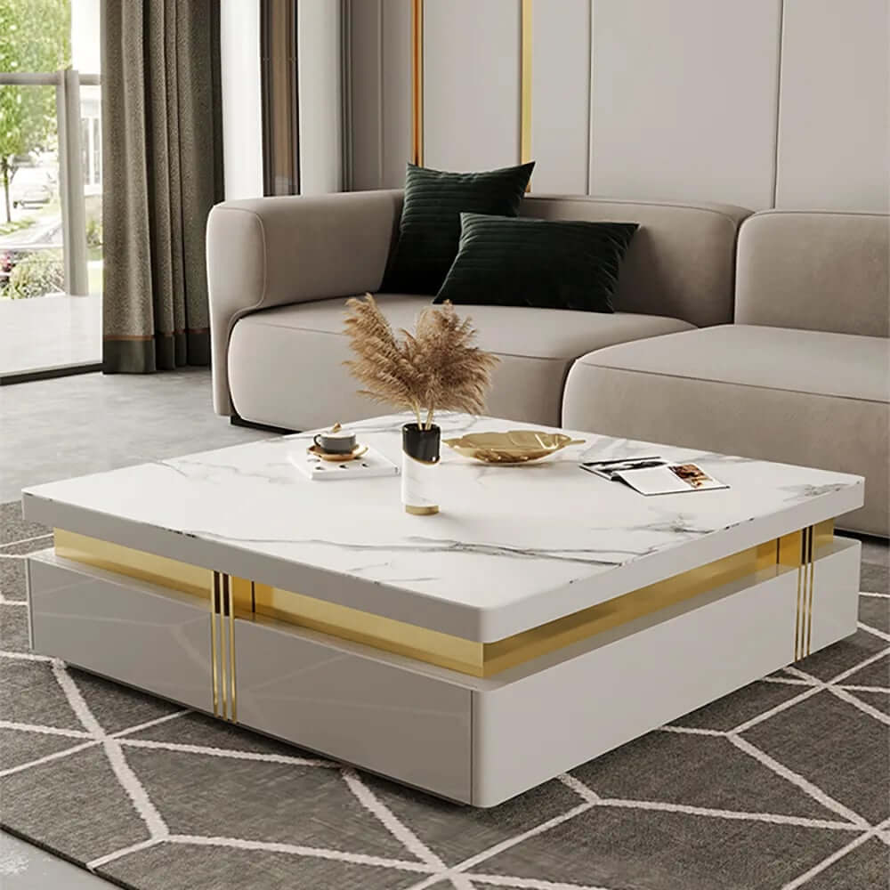 Modern Square Sintered Stone Coffee Table With Drawers