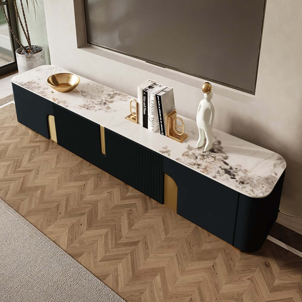 Modern Stainless Steel TV Stand With Stone Top