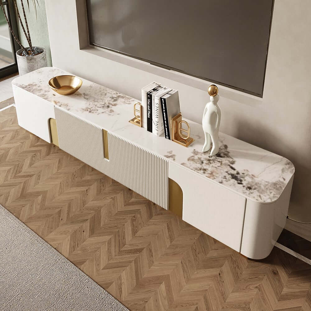 Modern Stainless Steel TV Stand With Stone Top