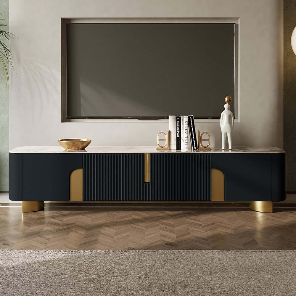 Modern Stainless Steel TV Stand With Stone Top