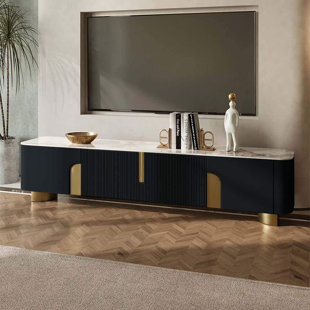 Modern Stainless Steel TV Stand With Stone Top