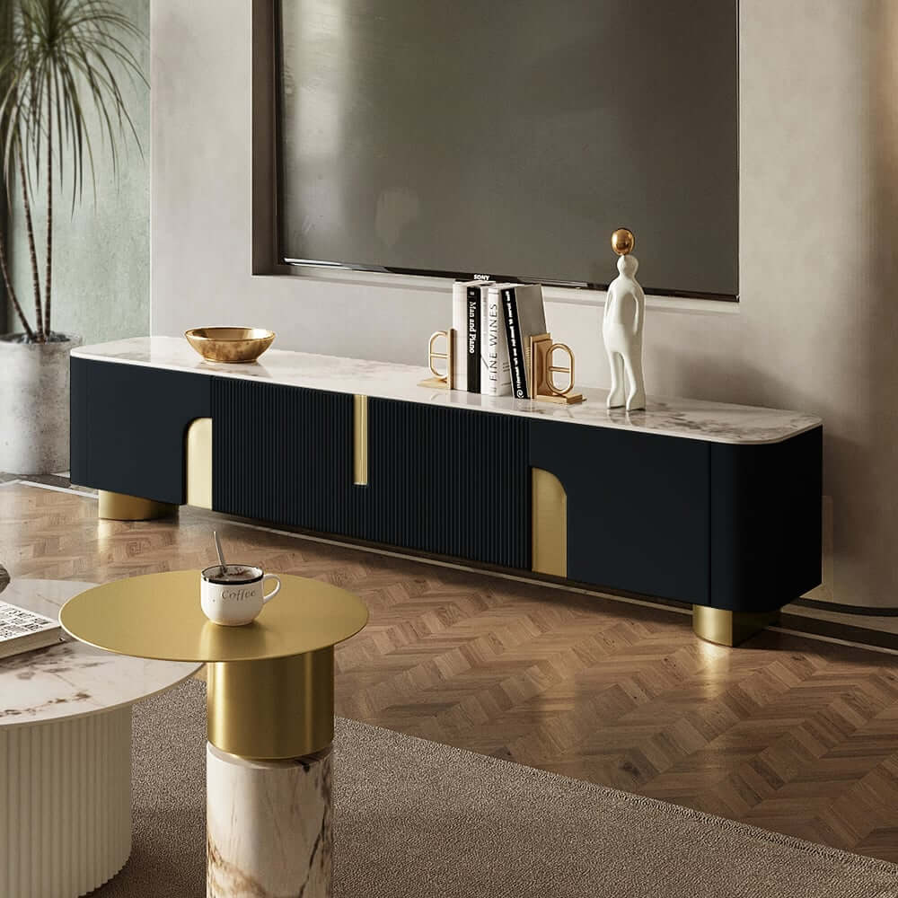 Modern Stainless Steel TV Stand With Stone Top