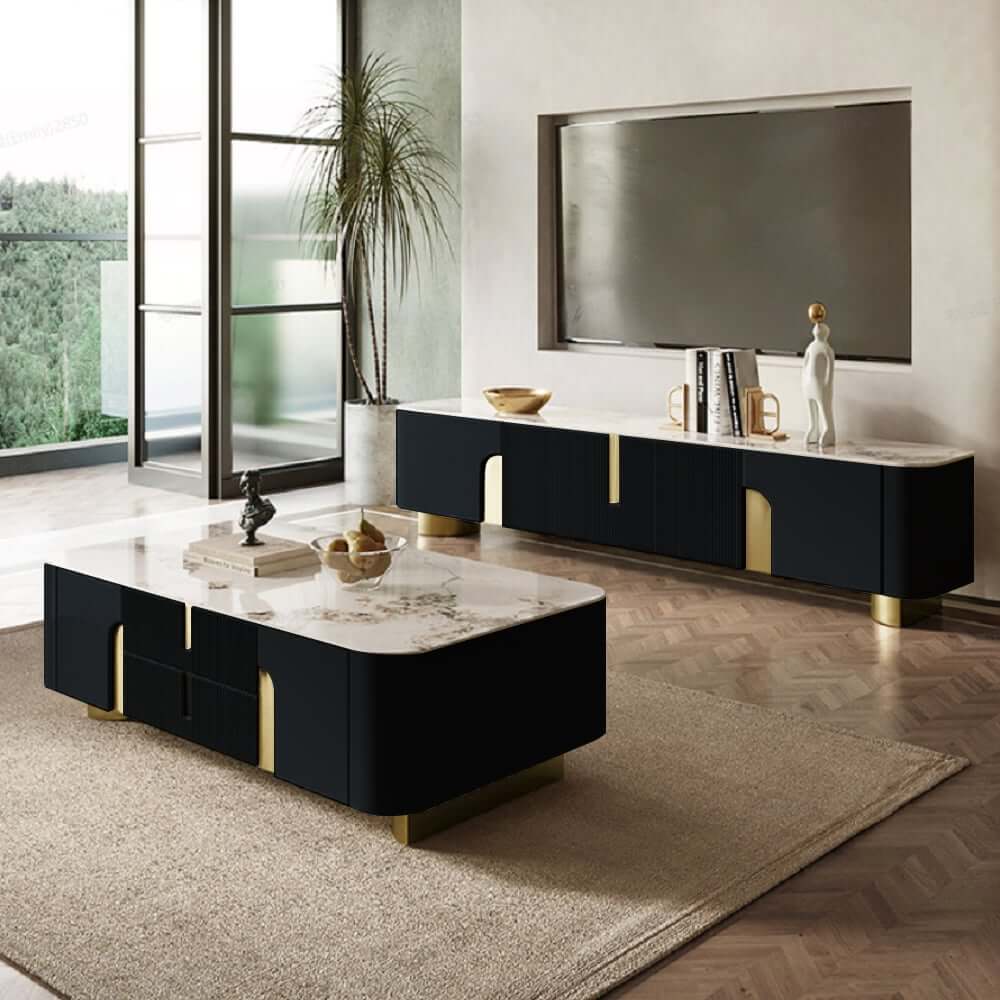 Modern Stainless Steel TV Stand With Stone Top