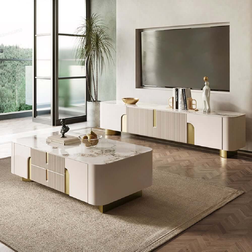 Modern Stainless Steel TV Stand With Stone Top