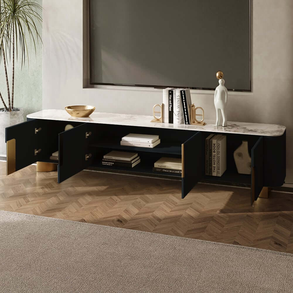 Modern Stainless Steel TV Stand With Stone Top