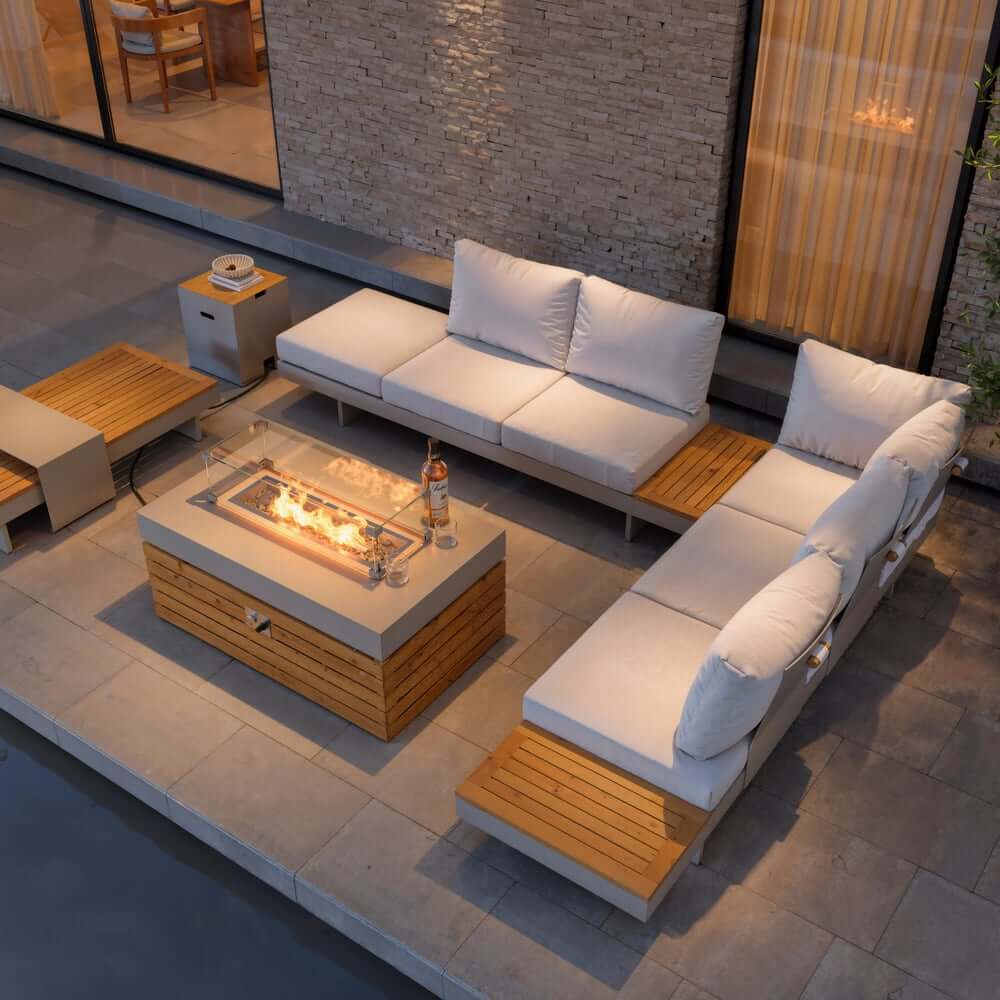 Modern Teak Wood Outdoor Sectional Sofa Set with Coffee Table