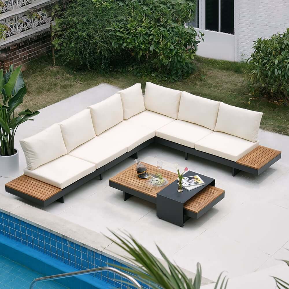Modern Teak Wood Outdoor Sectional Sofa Set with Coffee Table