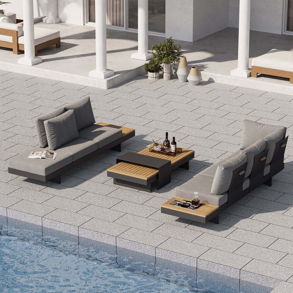 Modern Teak Wood Outdoor Sectional Sofa Set with Coffee Table