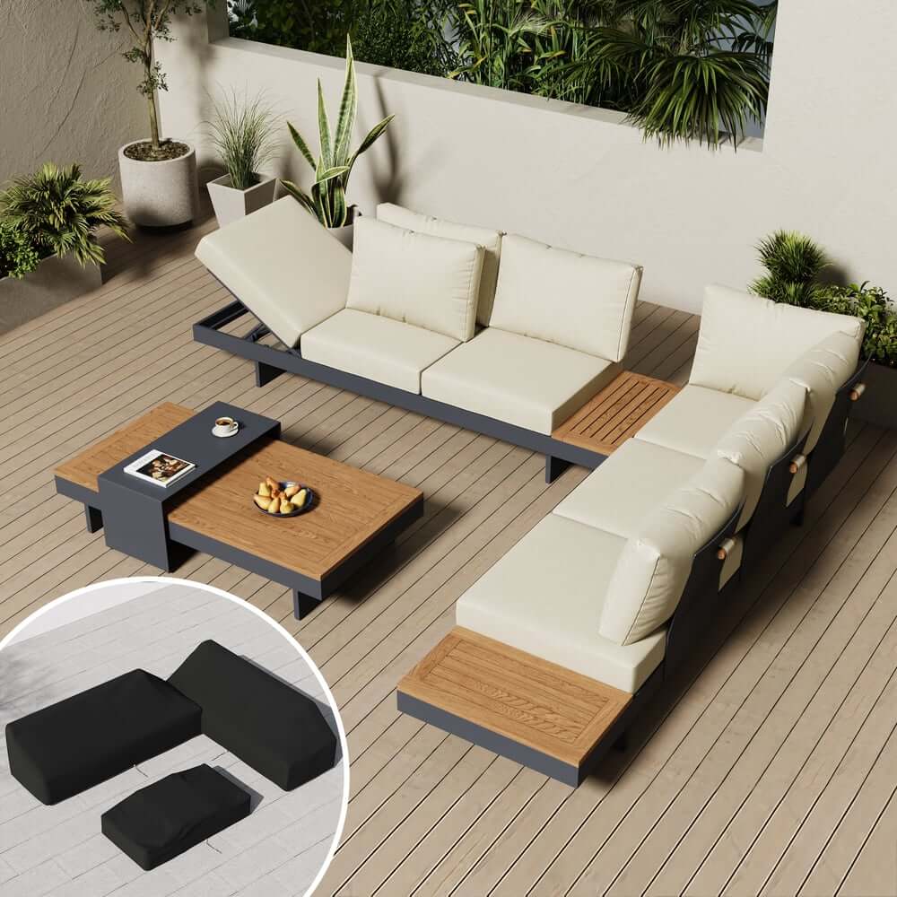 Modern Teak Wood Outdoor Sectional Sofa Set with Coffee Table