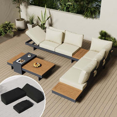 Modern Teak Wood Outdoor Sectional Sofa Set with Coffee Table