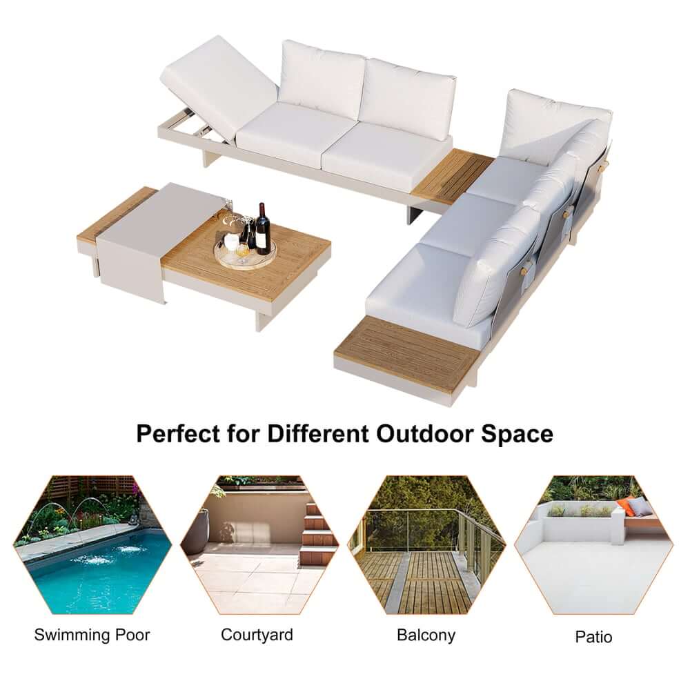 Modern Teak Wood Outdoor Sectional Sofa Set with Coffee Table