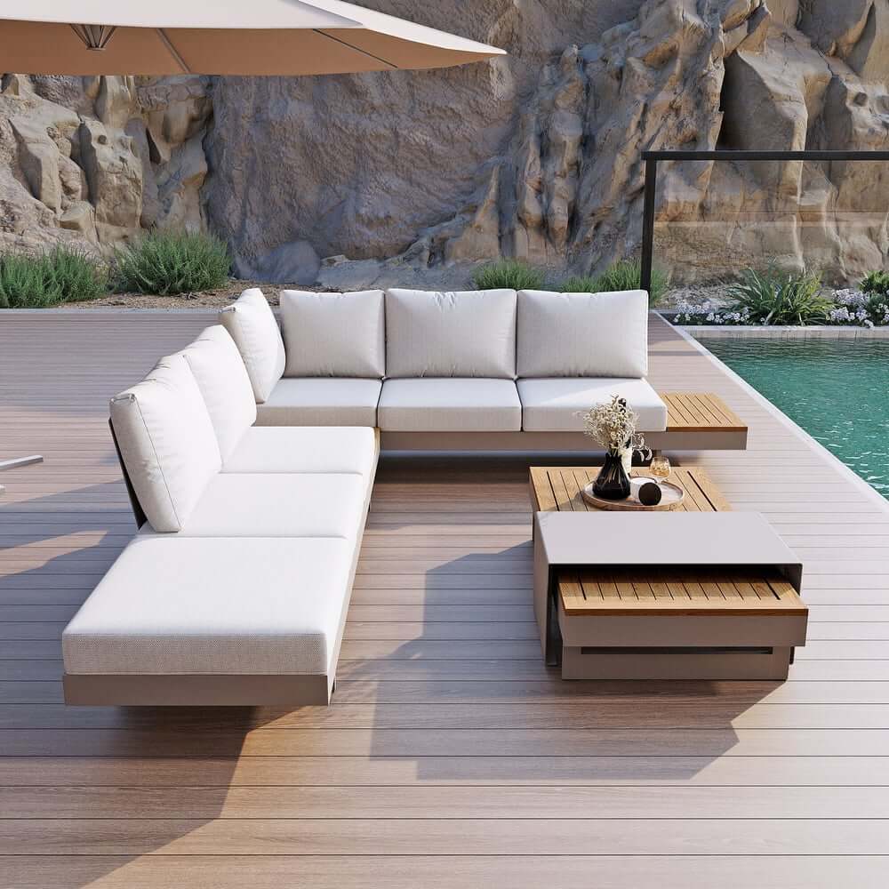 Modern Teak Wood Outdoor Sectional Sofa Set with Coffee Table
