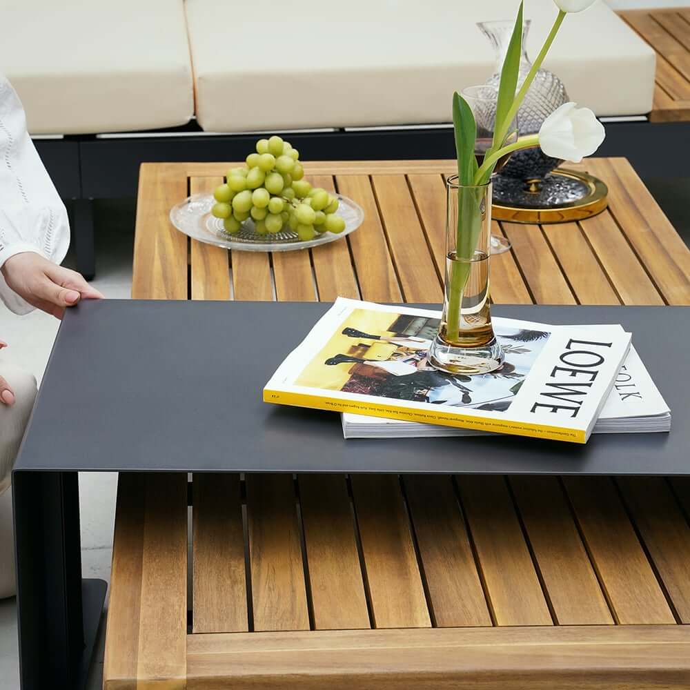 Modern Teak Wood Outdoor Sectional Sofa Set with Coffee Table