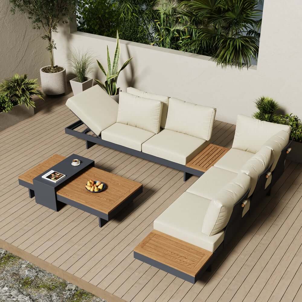 Modern Teak Wood Outdoor Sectional Sofa Set with Coffee Table