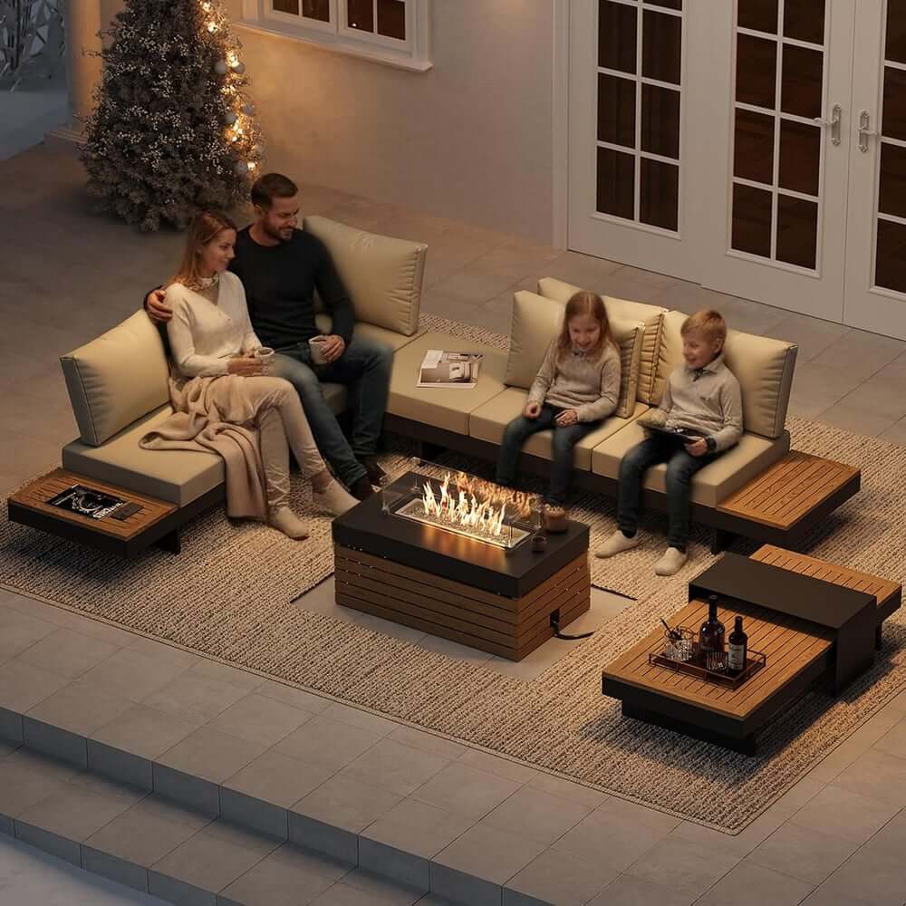 Modern Teak Wood Outdoor Sectional Sofa Set with Coffee Table