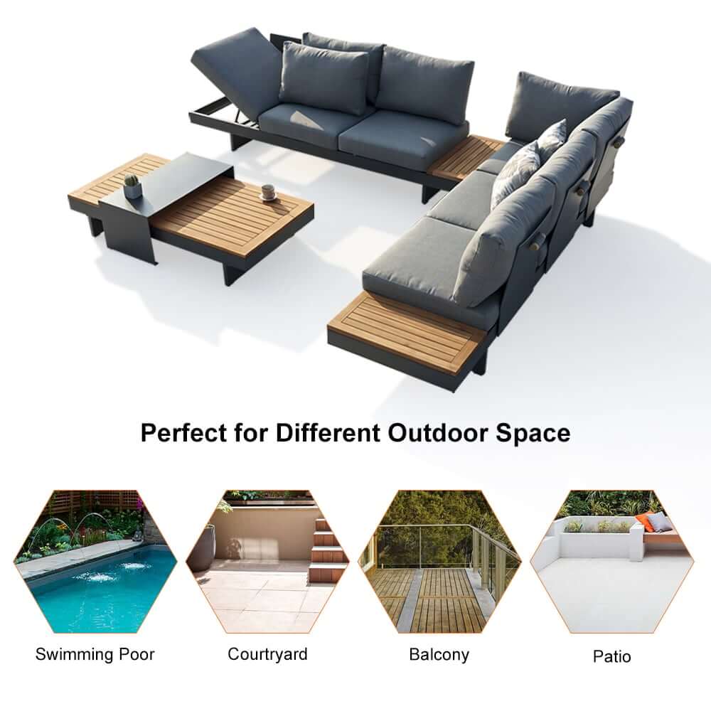 Modern Teak Wood Outdoor Sectional Sofa Set with Coffee Table
