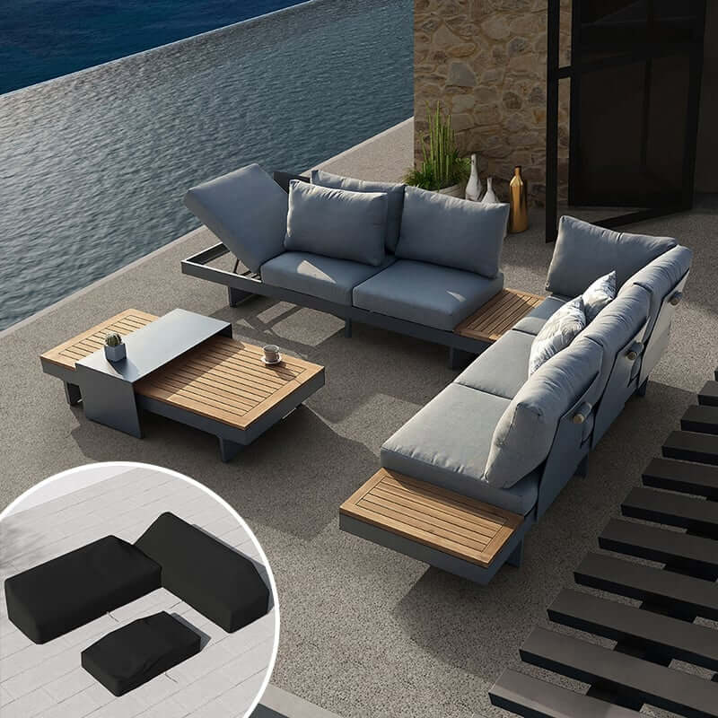 Modern Teak Wood Outdoor Sectional Sofa Set with Coffee Table