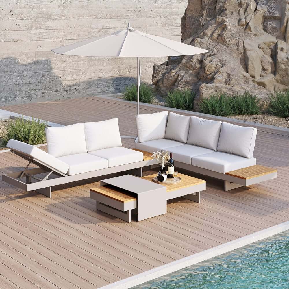 Modern Teak Wood Outdoor Sectional Sofa Set with Coffee Table