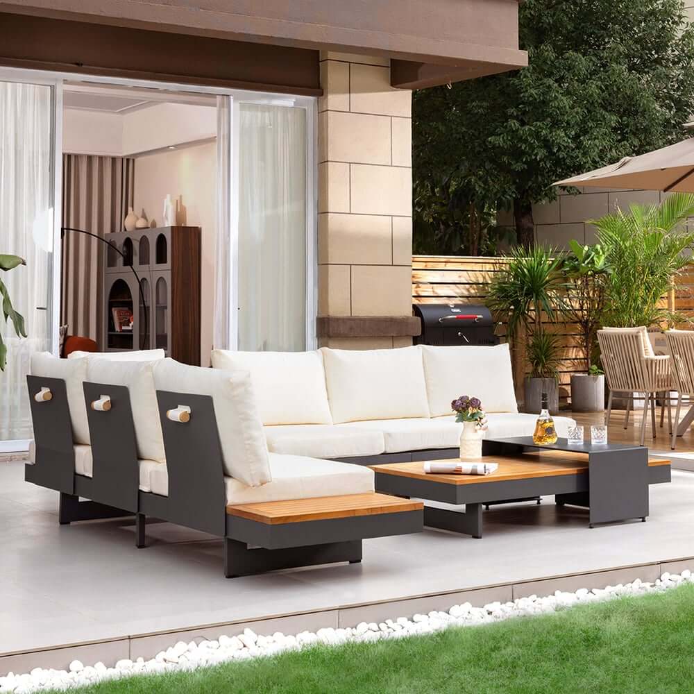 Modern Teak Wood Outdoor Sectional Sofa Set with Coffee Table