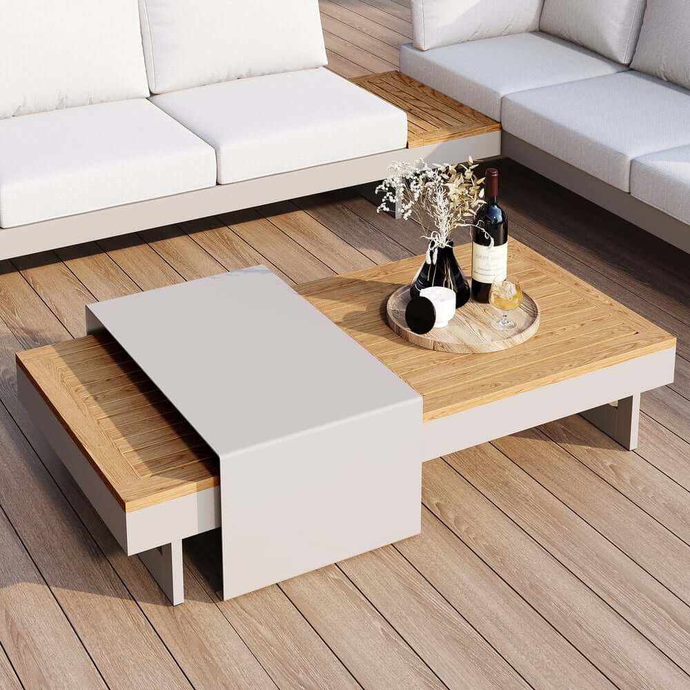 Modern Teak Wood Outdoor Sectional Sofa Set with Coffee Table