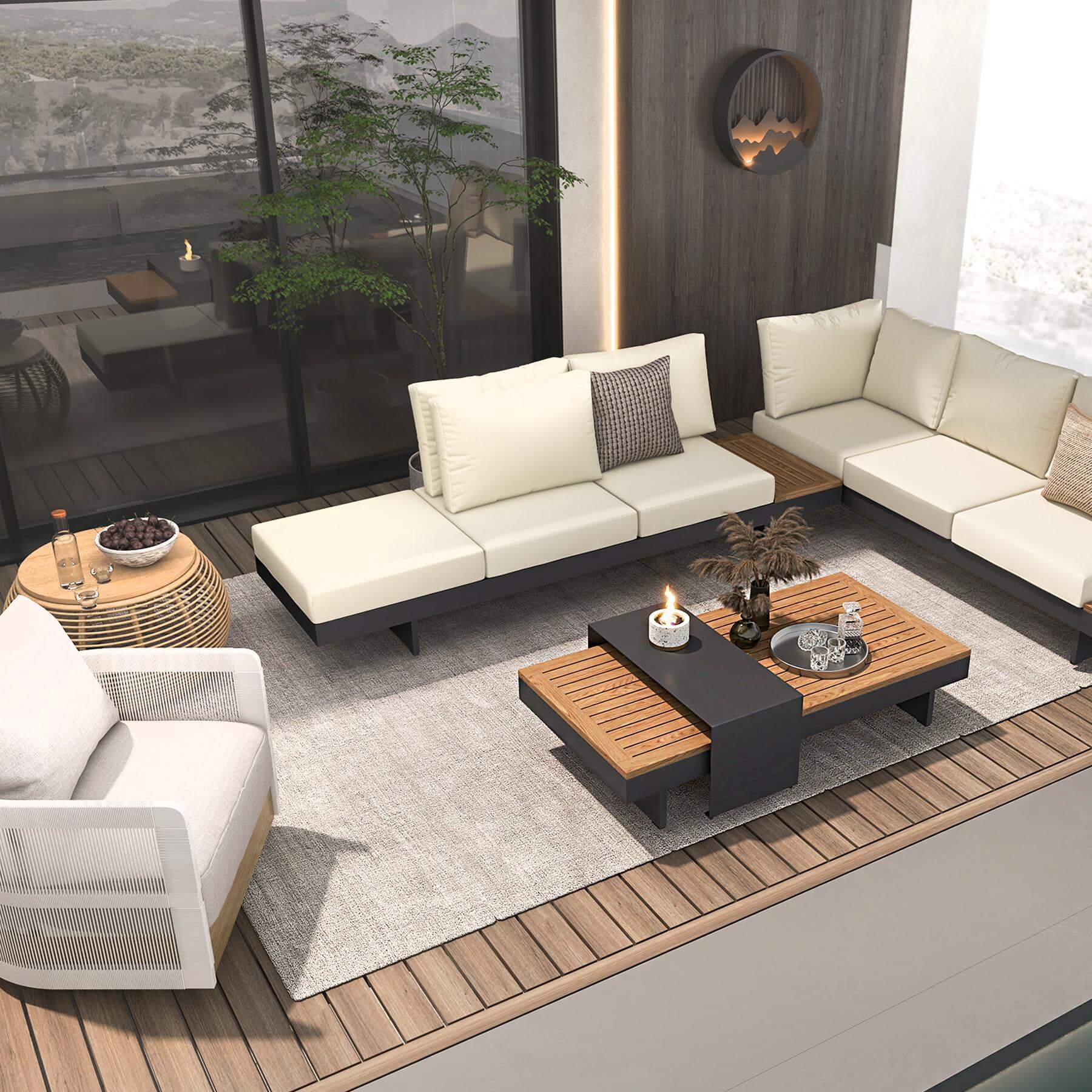 Modern Teak Wood Outdoor Sectional Sofa Set with Coffee Table