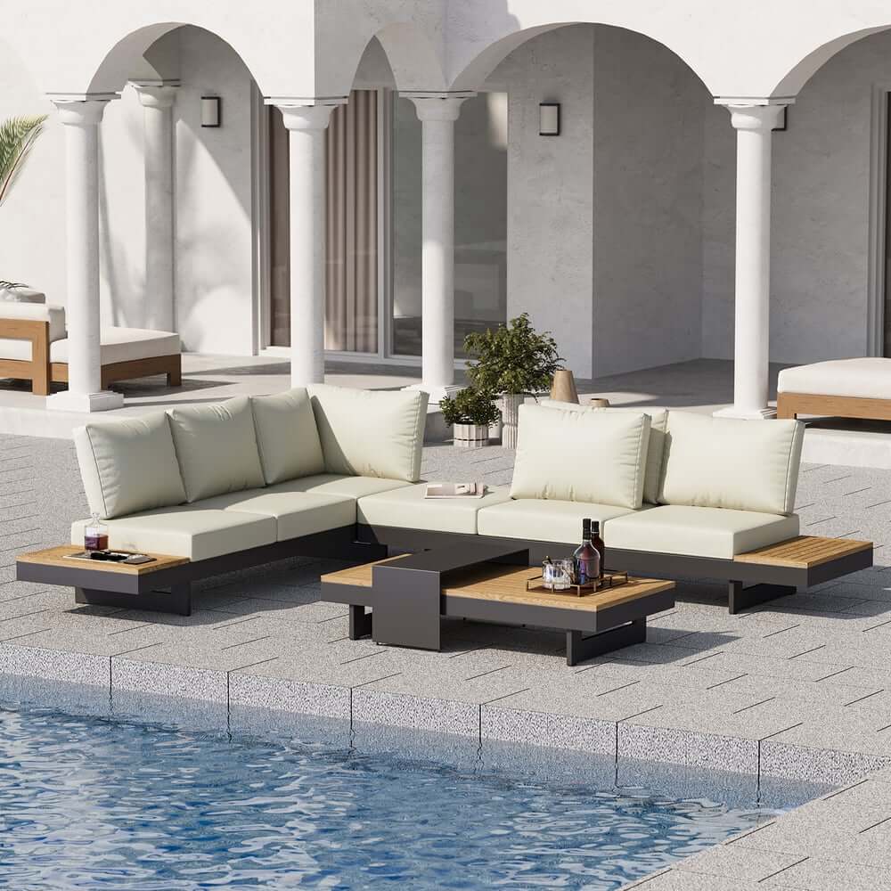 Modern Teak Wood Outdoor Sectional Sofa Set with Coffee Table