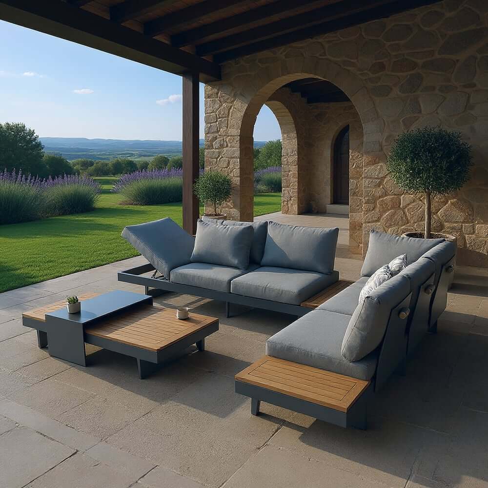 Modern Teak Wood Outdoor Sectional Sofa Set with Coffee Table