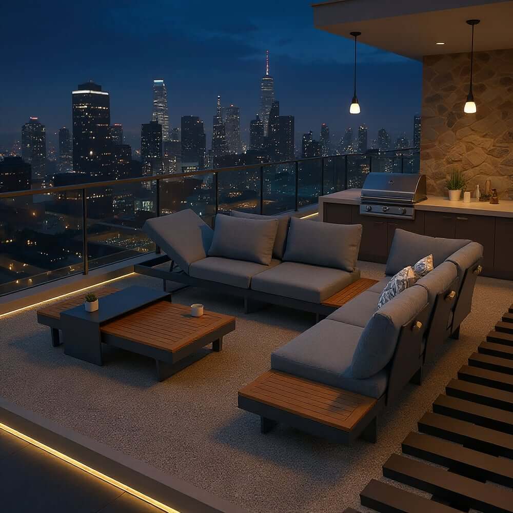 Modern Teak Wood Outdoor Sectional Sofa Set with Coffee Table