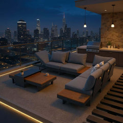 Modern Teak Wood Outdoor Sectional Sofa Set with Coffee Table