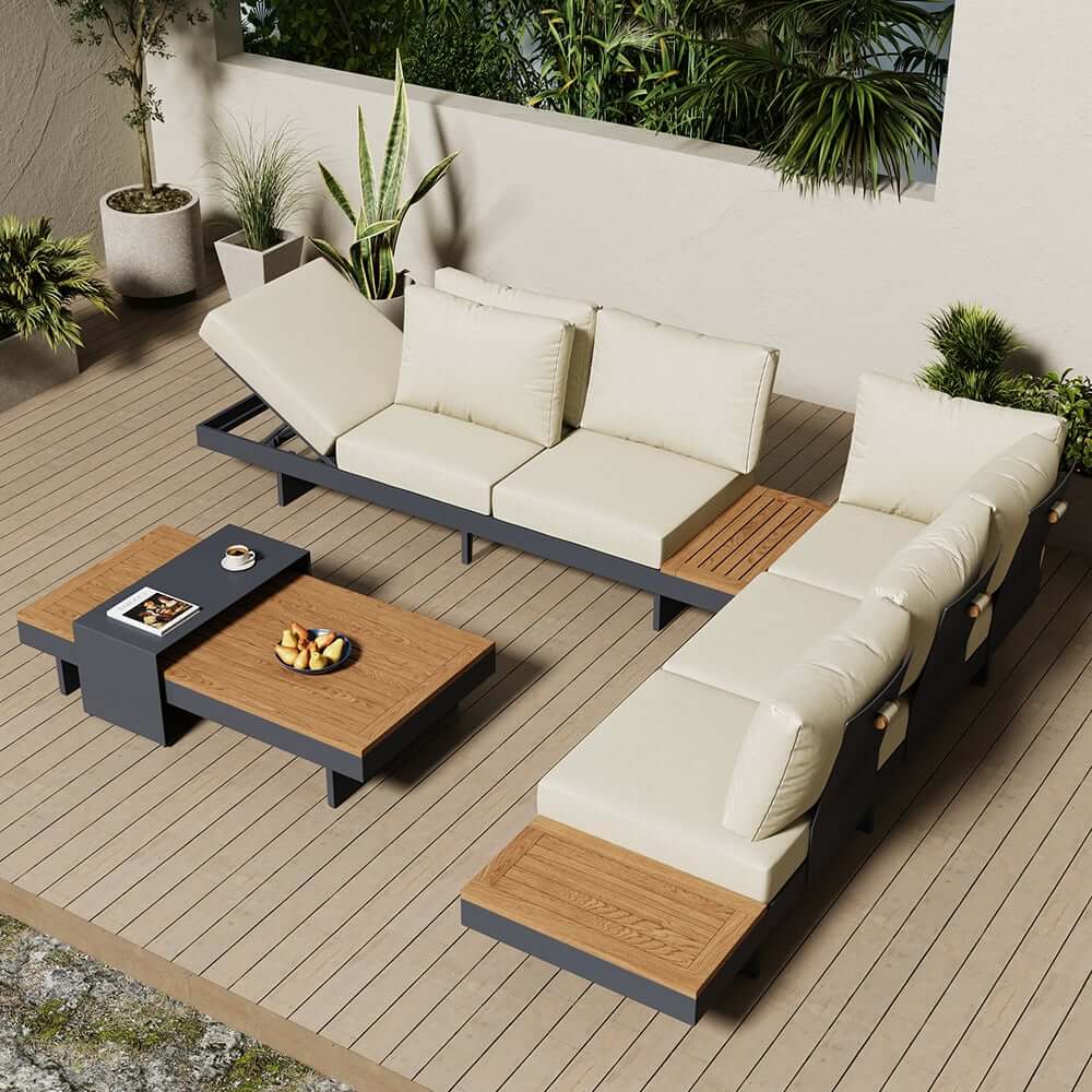 Modern Teak Wood Outdoor Sectional Sofa Set with Coffee Table