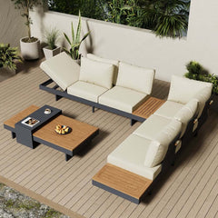Modern Teak Wood Outdoor Sectional Sofa Set with Coffee Table