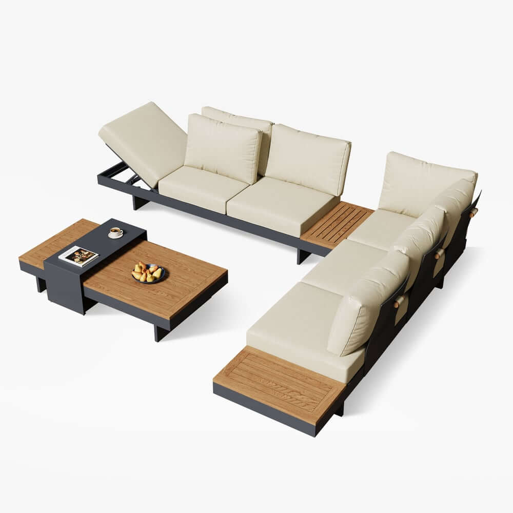 Modern Teak Wood Outdoor Sectional Sofa Set with Coffee Table