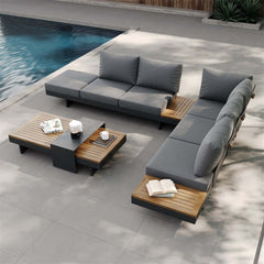Modern Teak Wood Outdoor Sectional Sofa Set with Coffee Table
