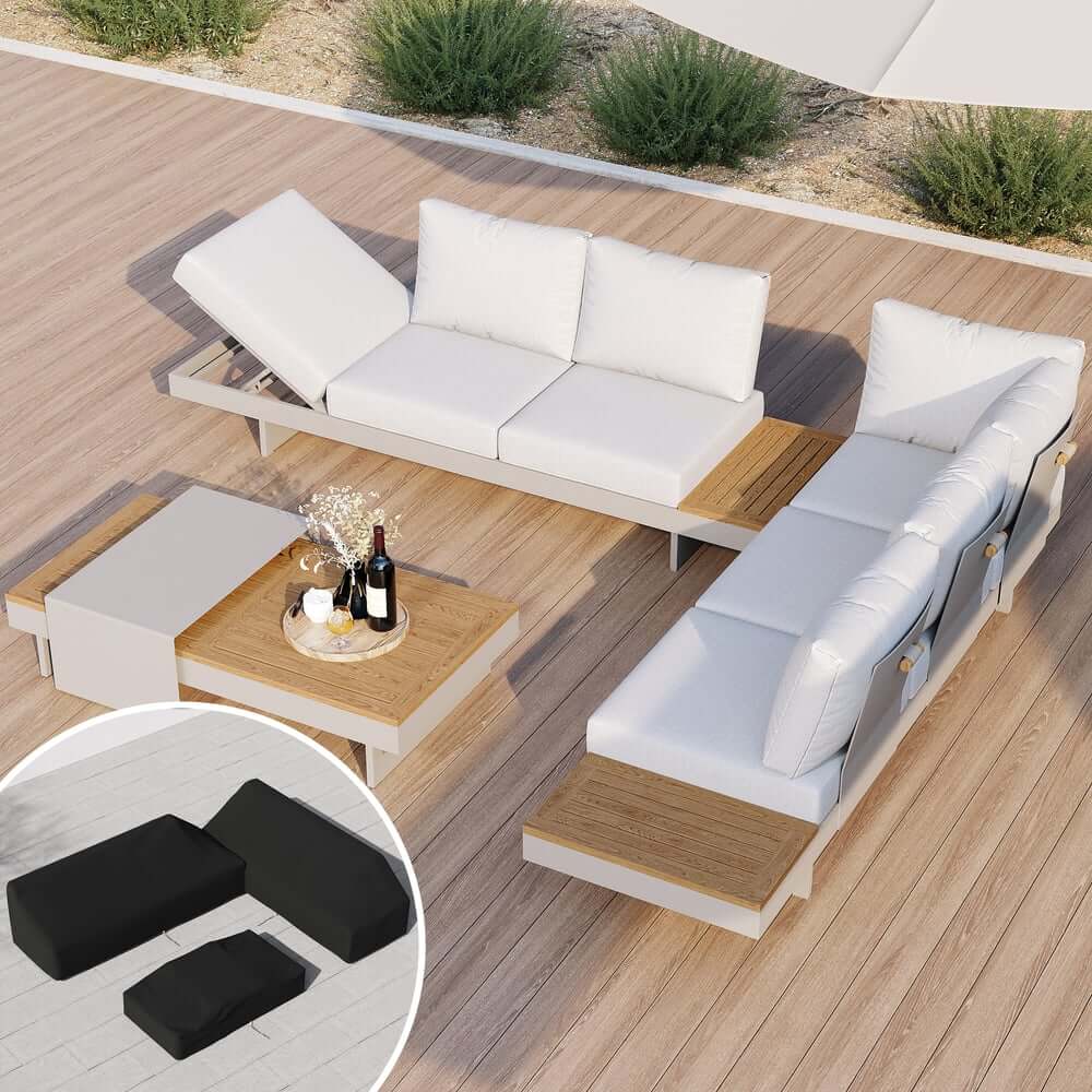 Modern Teak Wood Outdoor Sectional Sofa Set with Coffee Table