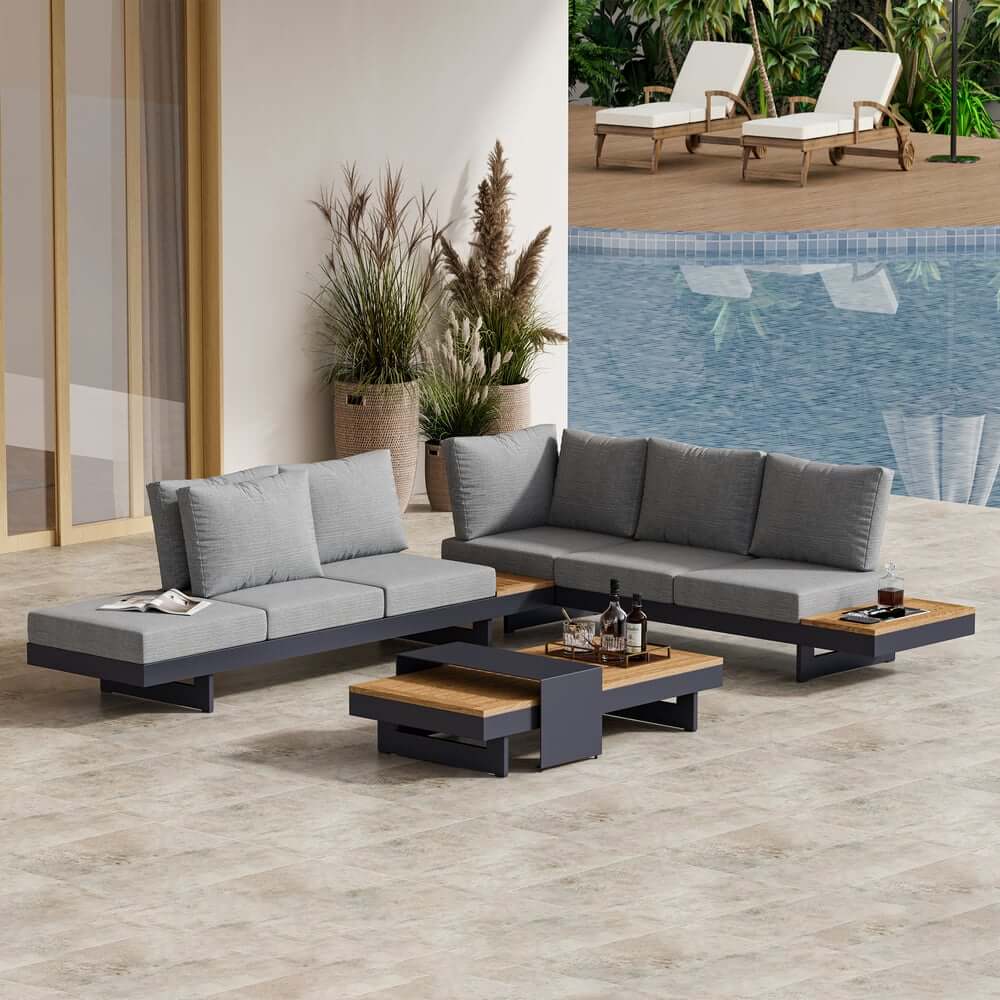 Modern Teak Wood Outdoor Sectional Sofa Set with Coffee Table